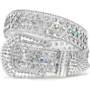 Women Men Western Rhinestone Studded Leather Belt Unisex Waist Belt for Jeans